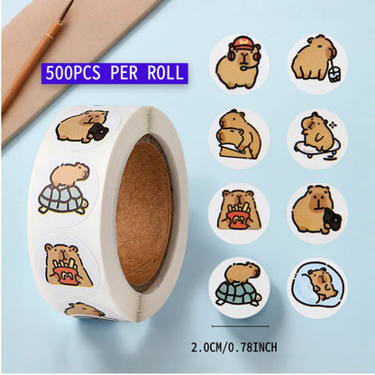 500 Pcs Capybara Stickers Roll - Waterproof PVC Animal & Food Decals for Laptop, Water Bottle, Phone