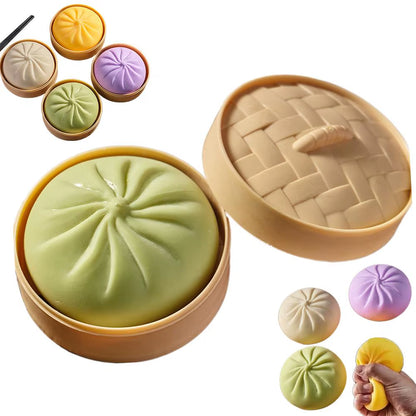 Colorful Dumpling Squishes Stress Balls Fidget Sensory Toys Simulation Food Squishies Bun with Steamer Squeeze Dough Ball Gifts