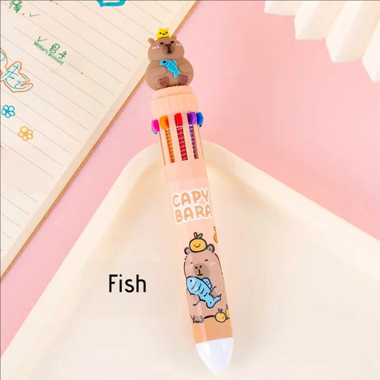Kawaii Capybara Multicolor Pen 0.5Mm Colorful Ink Pen Cartoon Creative Gel Capybara Pen Ten-Color Brown Colorful 10-Color