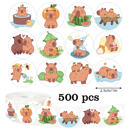 500 Pcs Capybara Stickers Roll - Waterproof PVC Animal & Food Decals for Laptop, Water Bottle, Phone