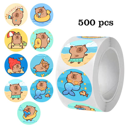 500 Pcs Capybara Stickers Roll - Waterproof PVC Animal & Food Decals for Laptop, Water Bottle, Phone
