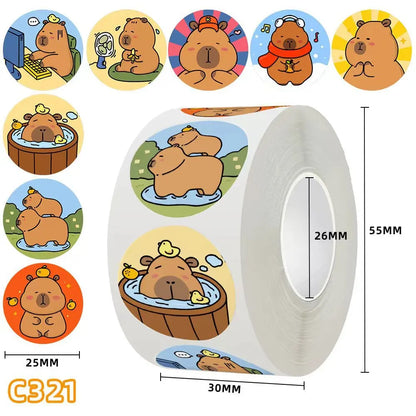 500 Pcs Capybara Stickers Roll - Waterproof PVC Animal & Food Decals for Laptop, Water Bottle, Phone