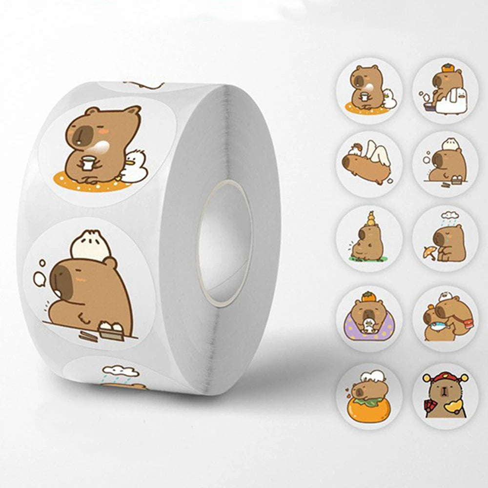 500Pcs/Roll Cute Capybara Sticker Waterproof Graffiti Aesthetic Decorative Luggage Laptop Cup Phone Diary Book Stickers Toy