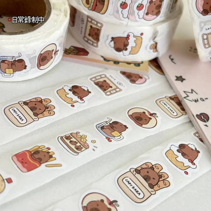 500 Pcs Capybara Stickers Roll - Waterproof PVC Animal & Food Decals for Laptop, Water Bottle, Phone
