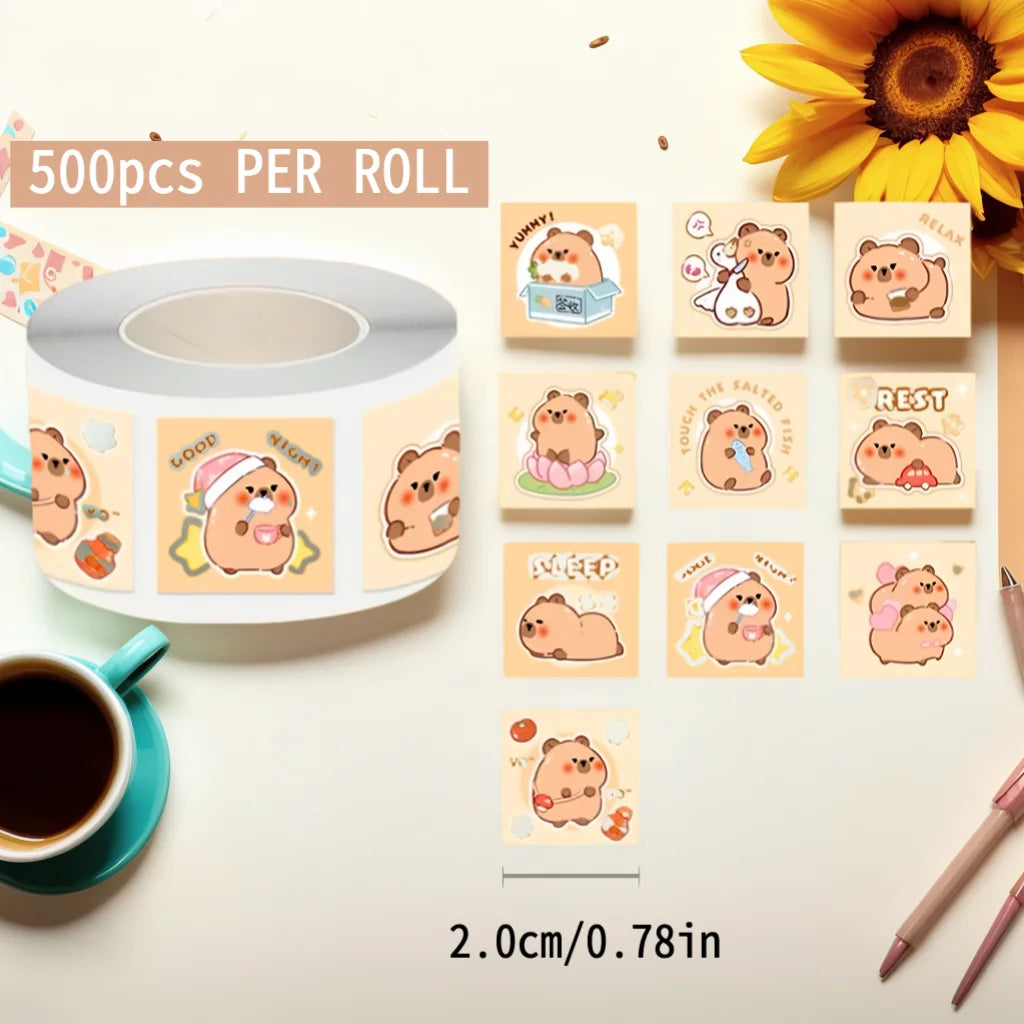 500 Pcs Capybara Stickers Roll - Waterproof PVC Animal & Food Decals for Laptop, Water Bottle, Phone