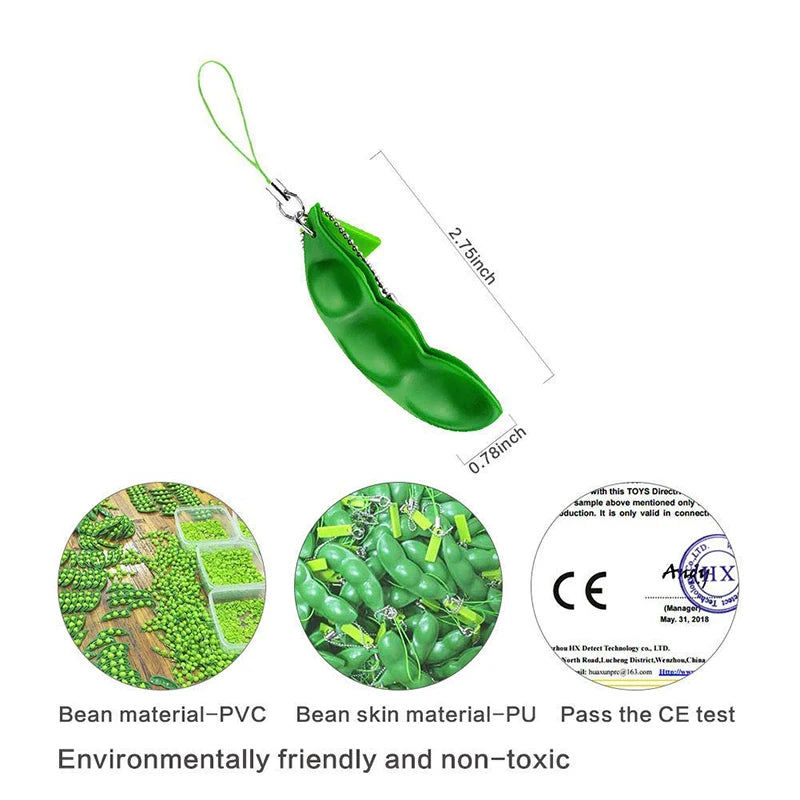 New Bean Keychain, Stress-Relief Squeeze Toy, Boredom Buster, Locking-Clasp Squeeze Fidget, Legumes Design