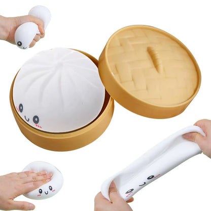 Colorful Dumpling Squishes Stress Balls Fidget Sensory Toys Simulation Food Squishies Bun with Steamer Squeeze Dough Ball Gifts