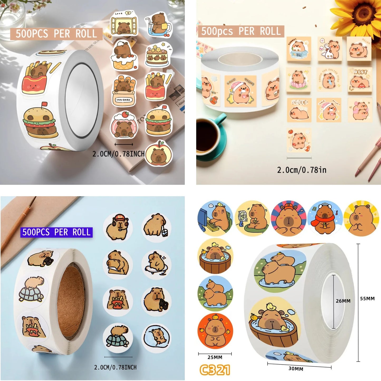 500 Pcs Capybara Stickers Roll - Waterproof PVC Animal & Food Decals for Laptop, Water Bottle, Phone
