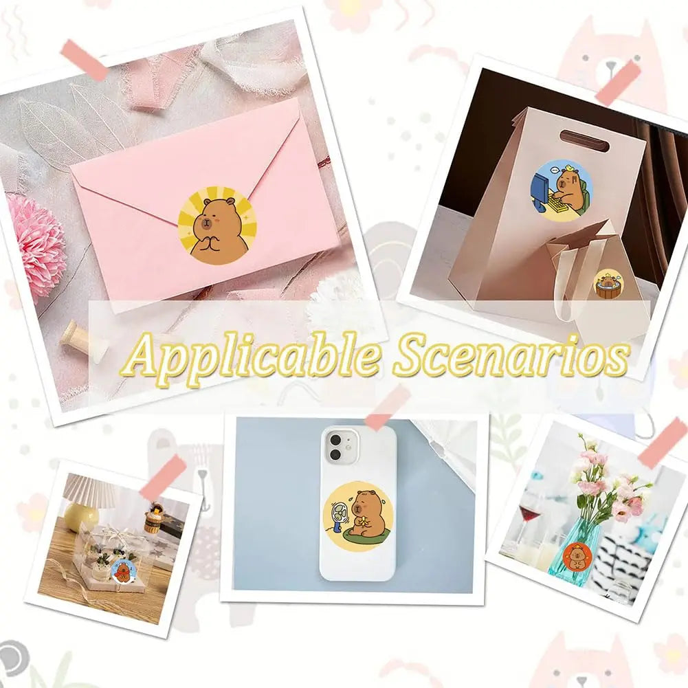 500 Pcs Capybara Stickers Roll - Waterproof PVC Animal & Food Decals for Laptop, Water Bottle, Phone