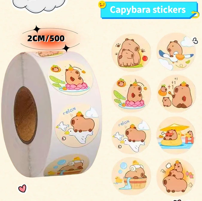 500 Pcs Capybara Stickers Roll - Waterproof PVC Animal & Food Decals for Laptop, Water Bottle, Phone